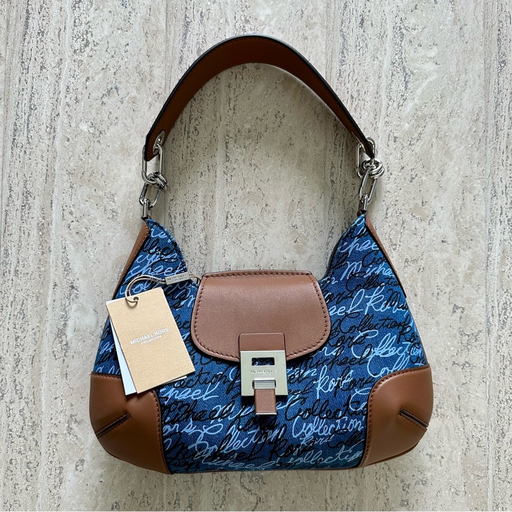 MK Collection Bancroft Medium Signature Print Denim Shoulder Bag